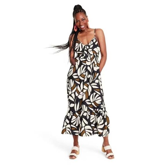 Tabitha Brown Women's Neutral Botanical  Sleeveless Tie-Front Midi Dress Medium - Picture 1 of 8